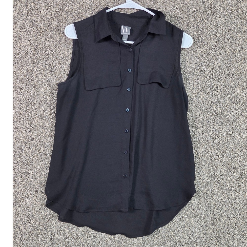 Worthington Button Up Shirt Womens Small Black Sleeveless High Low Pocket Blouse